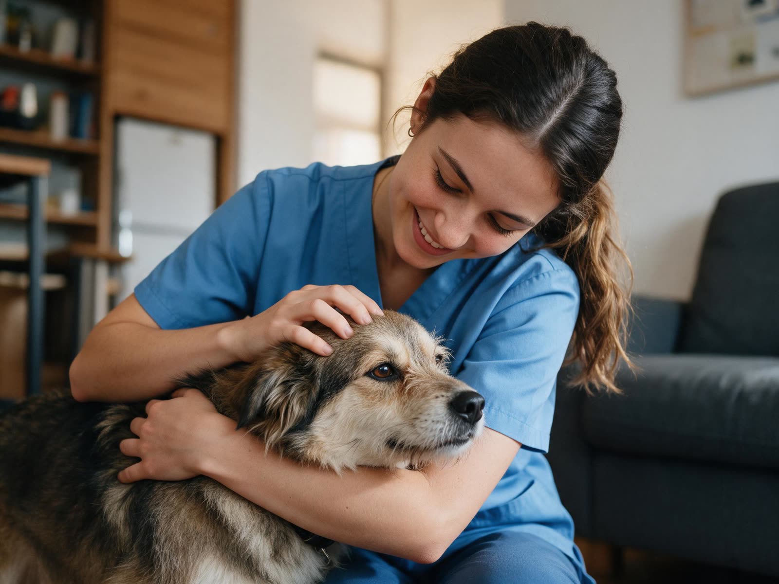 Cuidadora abraçando um cachorro com carinho