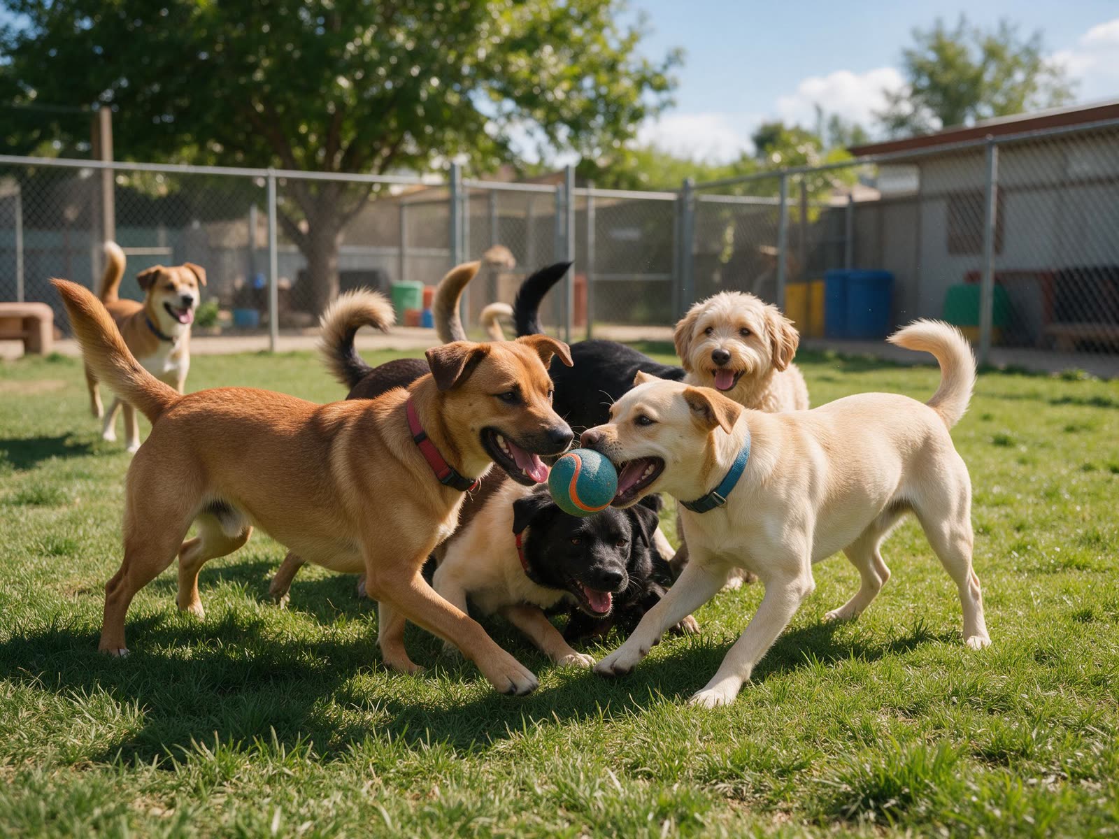Cães brincando no gramado