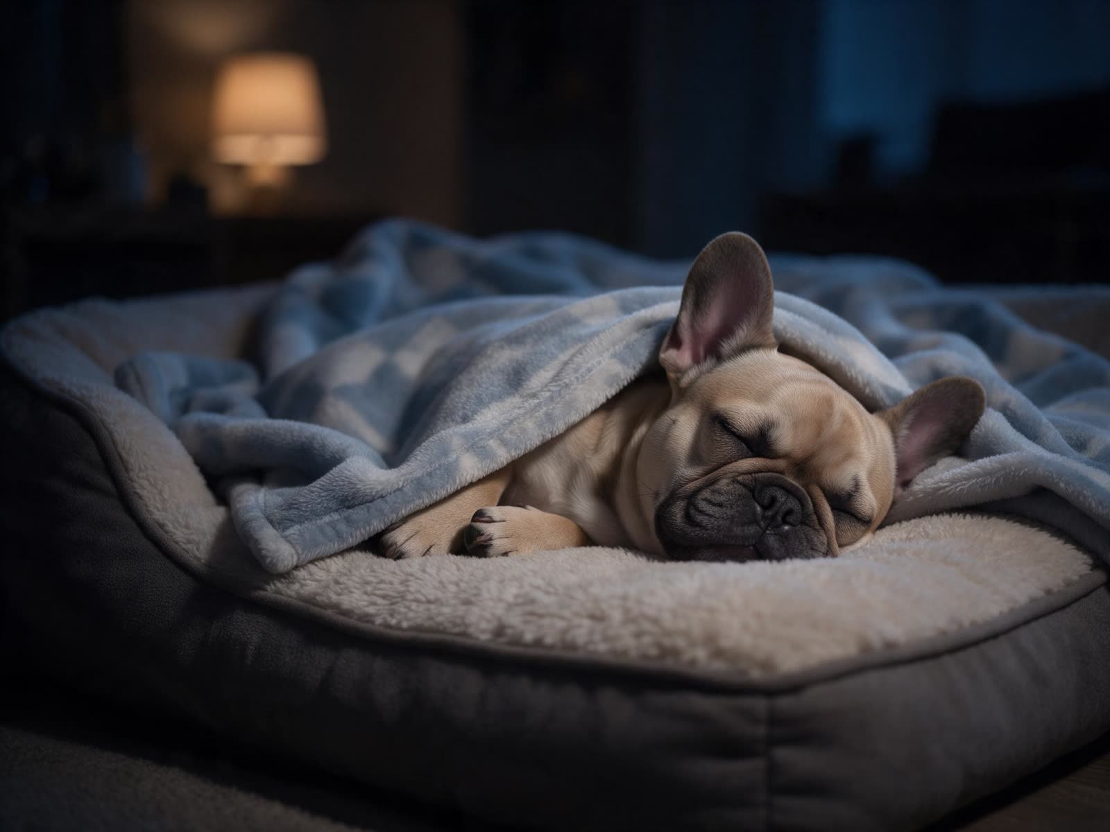 Buldogue francês dormindo sob uma mantinha